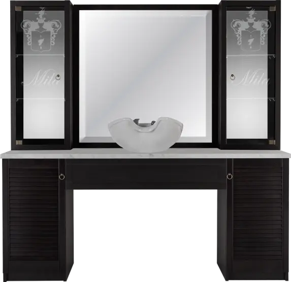 traditional barbershop station with storage
vintage barber workstation Mila styling unit