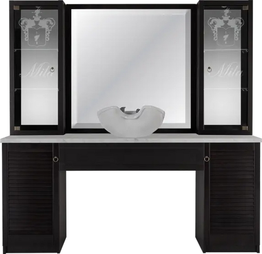 traditional barbershop station with storage
vintage barber workstation Mila styling unit