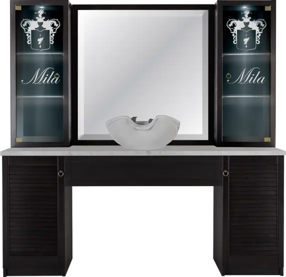 traditional barbershop station with storage
vintage barber workstation Mila styling unit