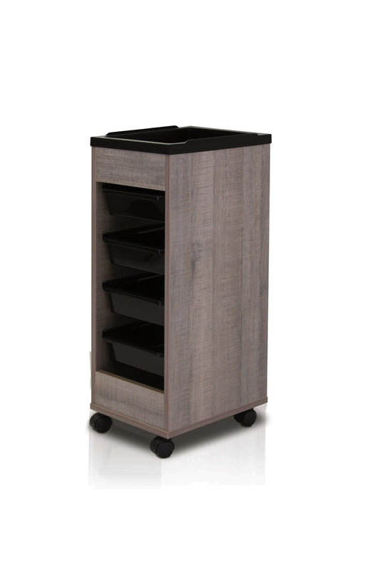 REM Stadium Trolley Bonobo Oak
Salon trolley with black trays
Wooden salon storage unit
