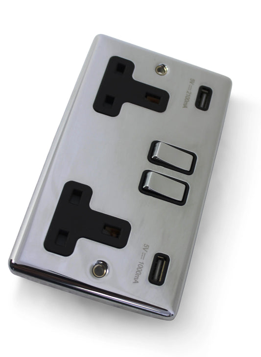 REM Chrome Twin Electrical USB Socket - modular Oasis, Lunar, Hollywood to 2.5mt plug REM